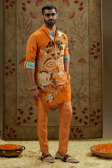 Shop Sva By Sonam & Paras Modi Orange Crepe Mask Print Kurta Shop_Sva By Sonam & Paras Modi_Orange Crepe Mask Print Kurta