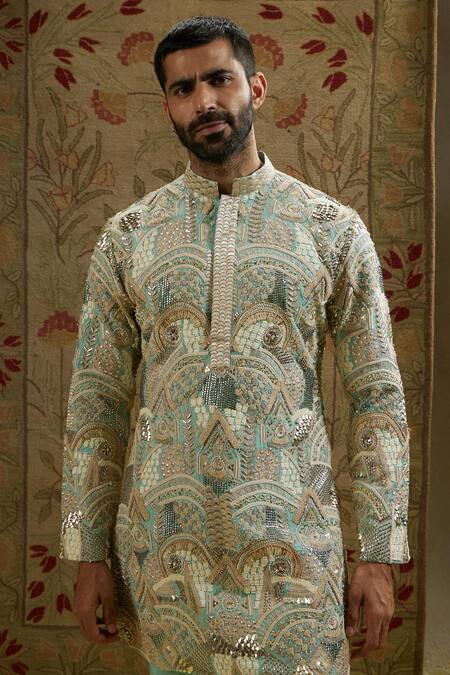 Shop Sva By Sonam & Paras Modi Blue Silk Embroidery Ancient Bloom Kurta Set Shop_Sva By Sonam & Paras Modi_Blue Silk Embroidery Ancient Bloom Kurta Set