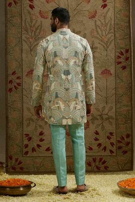 Shop Sva By Sonam & Paras Modi Blue Silk Embroidery Ancient Bloom Kurta Set at Aza Fashions Shop_Sva By Sonam & Paras Modi_Blue Silk Embroidery Ancient Bloom Kurta Set_at_Aza_Fashions