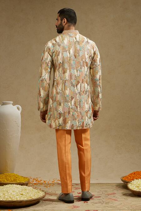 Shop Sva By Sonam & Paras Modi Orange Silk Sequins Abstract Embroidered Short Kurta Set at Aza Fashions Shop_Sva By Sonam & Paras Modi_Orange Silk Sequins Abstract Embroidered Short Kurta Set_at_Aza_Fashions