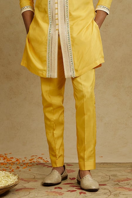 Sva By Sonam & Paras Modi_Yellow Silk Embroidery Thread Kurta Set_Online_at_Aza_Fashions
