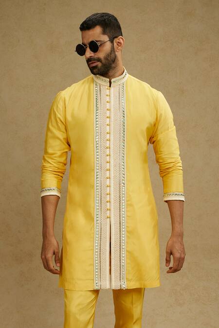 Buy_Sva By Sonam & Paras Modi_Yellow Silk Embroidery Thread Kurta Set_Online_at_Aza_Fashions