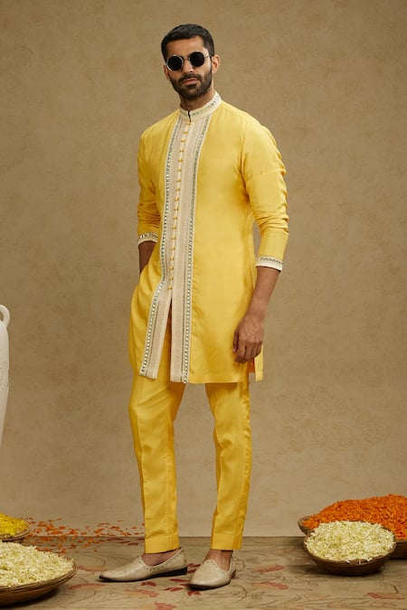 Sva By Sonam & Paras Modi_Yellow Silk Embroidery Thread Kurta Set_at_Aza_Fashions