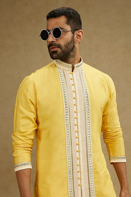 Buy_Sva By Sonam & Paras Modi_Yellow Silk Embroidery Thread Kurta Set