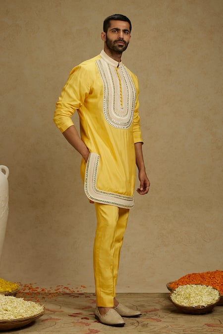 Shop Sva By Sonam & Paras Modi Yellow Silk Embroidery Dori Kurta Set Shop_Sva By Sonam & Paras Modi_Yellow Silk Embroidery Dori Kurta Set