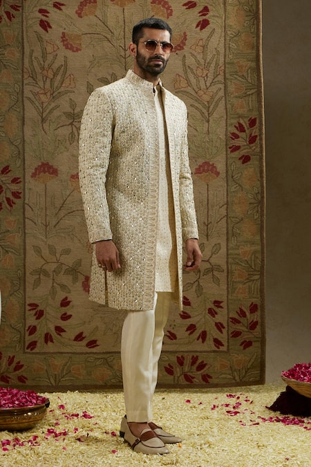 Buy Sva By Sonam & Paras Modi Ivory Silk Sequins Jaal Embroidered Sherwani Online at Aza Fashions Buy_Sva By Sonam & Paras Modi_Ivory Silk Sequins Jaal Embroidered Sherwani_Online_at_Aza_Fashions