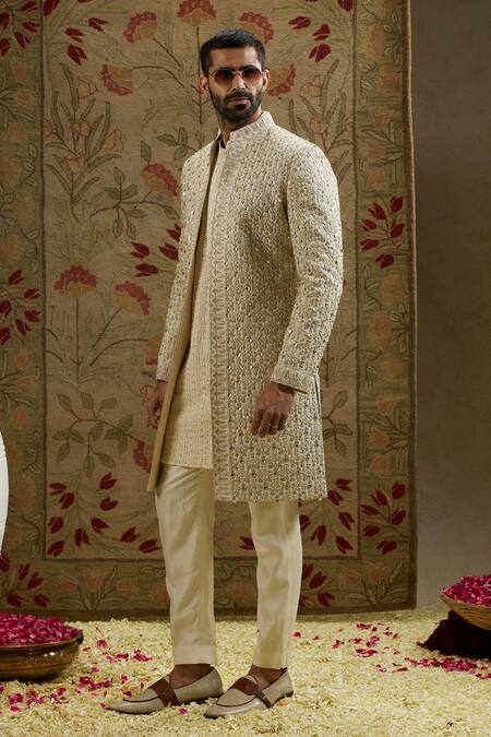 Buy Sva By Sonam & Paras Modi Ivory Silk Sequins Jaal Embroidered Sherwani Buy_Sva By Sonam & Paras Modi_Ivory Silk Sequins Jaal Embroidered Sherwani