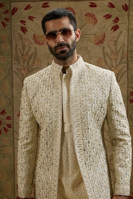 Shop Sva By Sonam & Paras Modi Ivory Silk Sequins Jaal Embroidered Sherwani Shop_Sva By Sonam & Paras Modi_Ivory Silk Sequins Jaal Embroidered Sherwani