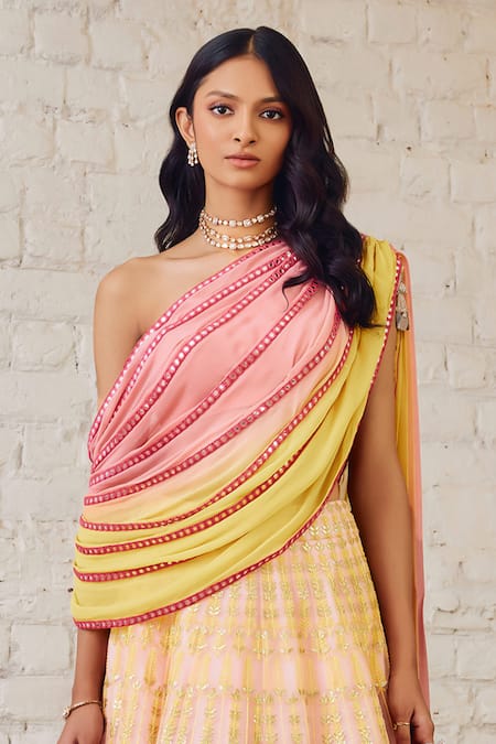 Studio Iris India Pink Organza Mirrors, Sequins, Beads Off-shoulder Ombre Bloom Vine Lehenga Set Online at Aza Fashions Studio Iris India_Pink Organza Mirrors, Sequins, Beads Off-shoulder Ombre Bloom Vine Lehenga Set _Online_at_Aza_Fashions