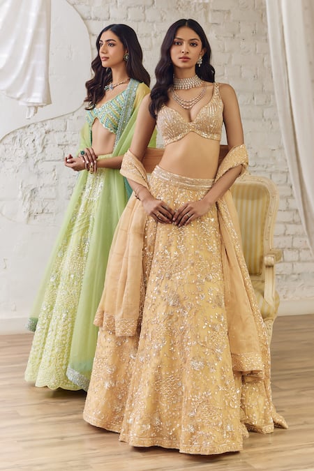Studio Iris India_Gold Organza Sequins Bloom Embroidered Lehenga Set _Online_at_Aza_Fashions
