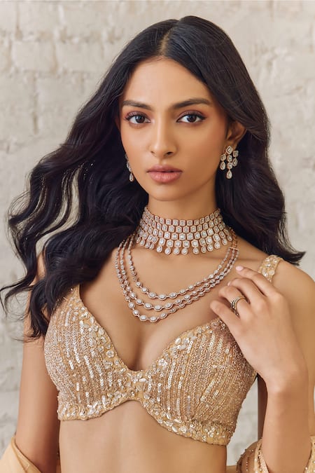 Buy_Studio Iris India_Gold Organza Sequins Bloom Embroidered Lehenga Set _Online_at_Aza_Fashions