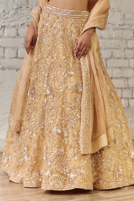 Shop_Studio Iris India_Gold Organza Sequins Bloom Embroidered Lehenga Set _Online_at_Aza_Fashions