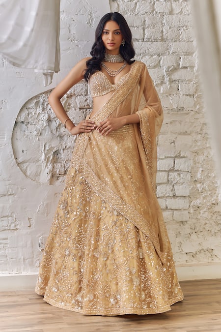 Studio Iris India_Gold Organza Sequins Bloom Embroidered Lehenga Set _at_Aza_Fashions