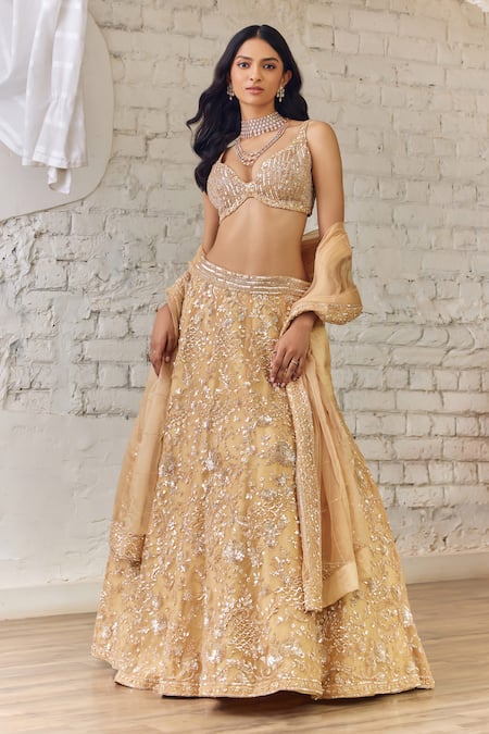 Buy_Studio Iris India_Gold Organza Sequins Bloom Embroidered Lehenga Set 