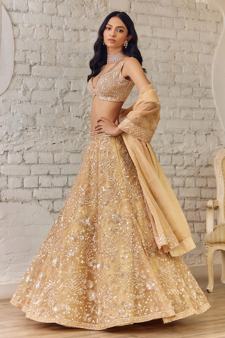 Shop_Studio Iris India_Gold Organza Sequins Bloom Embroidered Lehenga Set 