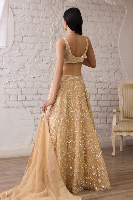 Studio Iris India Gold Sequin Bloom Embroidered Lehenga Set