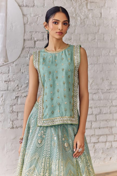 Studio Iris India_Green Organza Sequins, Beads, Foil Printing Pastel Mughal Bloom Lehenga Set _Online_at_Aza_Fashions