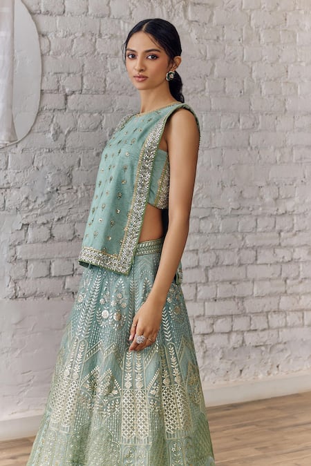 Buy_Studio Iris India_Green Organza Sequins, Beads, Foil Printing Pastel Mughal Bloom Lehenga Set _Online_at_Aza_Fashions
