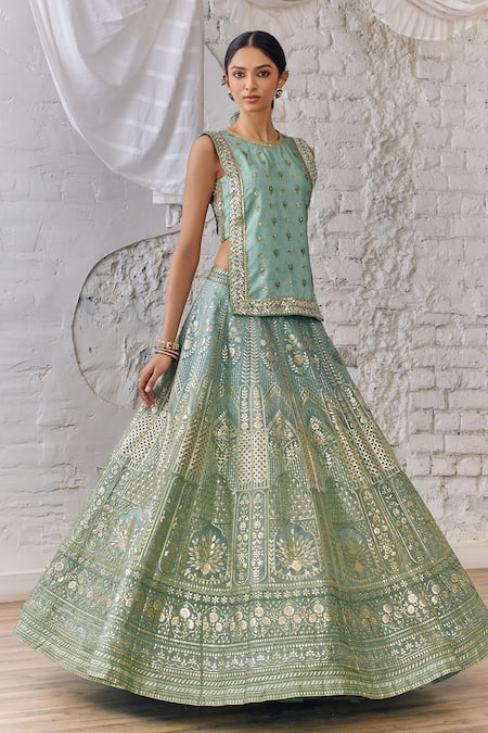 Shop_Studio Iris India_Green Organza Sequins, Beads, Foil Printing Pastel Mughal Bloom Lehenga Set _Online_at_Aza_Fashions