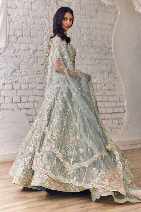 Studio Iris India_Blue Organza Sequins, Beads, Embroidery, Mirrors Persian Bloom Lehenga Set _Online_at_Aza_Fashions