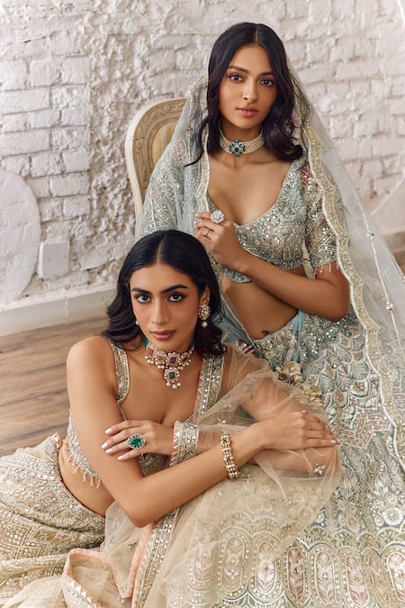 Buy_Studio Iris India_Blue Organza Sequins, Beads, Embroidery, Mirrors Persian Bloom Lehenga Set _Online_at_Aza_Fashions