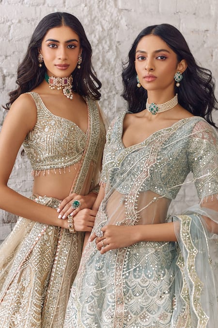 Shop_Studio Iris India_Blue Organza Sequins, Beads, Embroidery, Mirrors Persian Bloom Lehenga Set _Online_at_Aza_Fashions