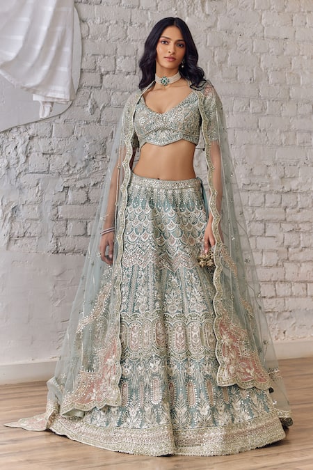 Studio Iris India_Blue Organza Sequins, Beads, Embroidery, Mirrors Persian Bloom Lehenga Set _at_Aza_Fashions
