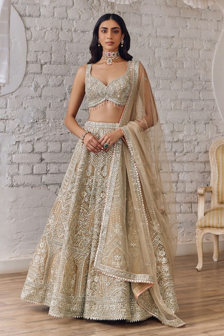 Studio Iris India Beige Embroidered Bridal Lehenga Set 