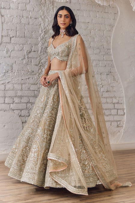 Shop_Studio Iris India_Beige Organza Mirrors, Sequins, Zari Asymmetric Embroidered Bridal Lehenga Set _Online_at_Aza_Fashions