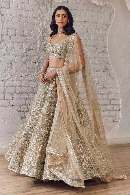 Studio Iris India_Beige Organza Mirrors, Sequins, Zari Asymmetric Embroidered Bridal Lehenga Set _at_Aza_Fashions