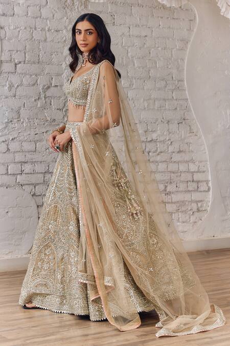 Buy_Studio Iris India_Beige Organza Mirrors, Sequins, Zari Asymmetric Embroidered Bridal Lehenga Set 