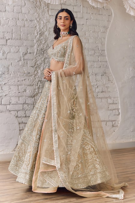 Shop_Studio Iris India_Beige Organza Mirrors, Sequins, Zari Asymmetric Embroidered Bridal Lehenga Set 