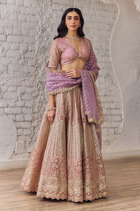 Buy_Studio Iris India_Pink Organza Zari, Embroidery, Sequins V-neck Lehenga Set _Online_at_Aza_Fashions
