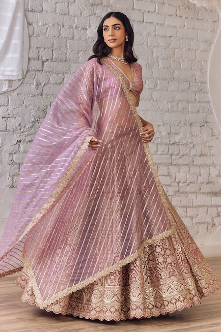 Shop_Studio Iris India_Pink Organza Zari, Embroidery, Sequins V-neck Lehenga Set _Online_at_Aza_Fashions