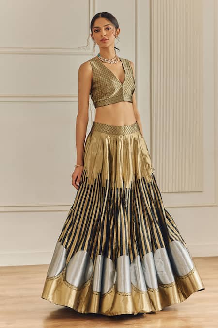 Studio Iris India_Gold Silk V-neck Geometric Pattern Black And Lehenga Set _Online_at_Aza_Fashions