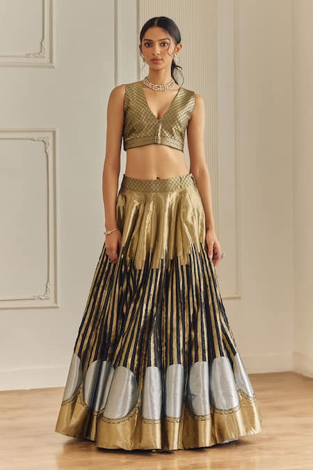 Buy_Studio Iris India_Gold Silk V-neck Geometric Pattern Black And Lehenga Set _Online_at_Aza_Fashions