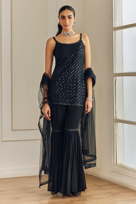 Buy_Studio Iris India_Black Georgette Sequins Round Neck Jaal Embroidered Kurta Set _Online_at_Aza_Fashions