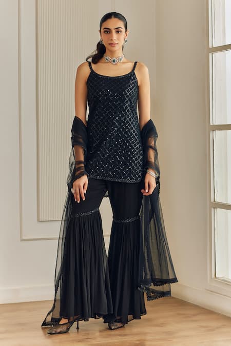 Shop_Studio Iris India_Black Georgette Sequins Round Neck Jaal Embroidered Kurta Set _Online_at_Aza_Fashions