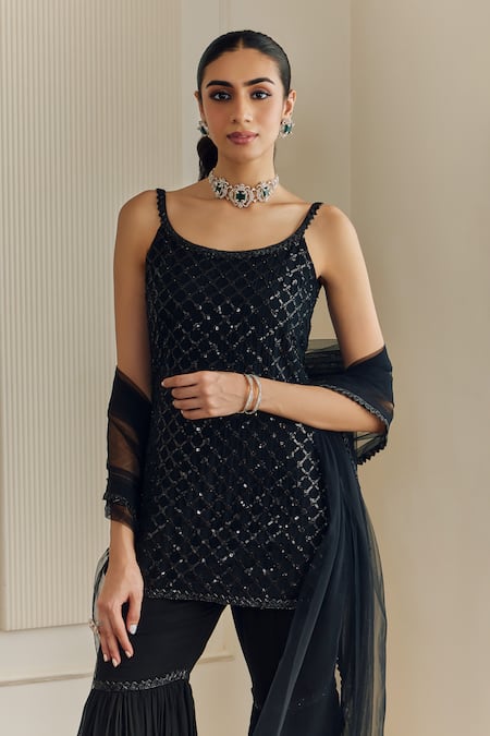 Studio Iris India_Black Georgette Sequins Round Neck Jaal Embroidered Kurta Set _at_Aza_Fashions