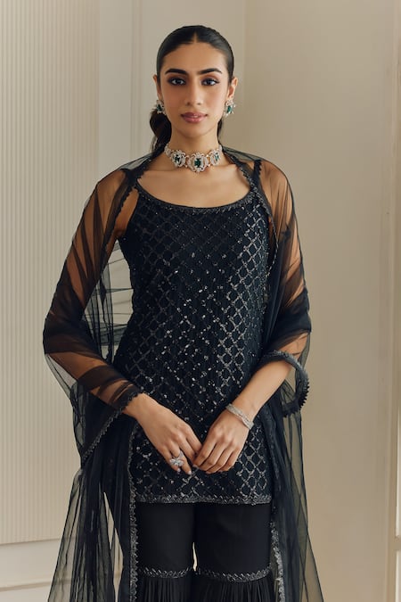 Buy_Studio Iris India_Black Georgette Sequins Round Neck Jaal Embroidered Kurta Set 