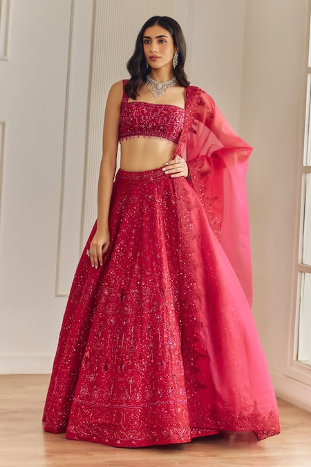 Studio Iris India_Pink Organza Sequins Mandarin Collar Gul Embroidered Bridal Lehenga Set _Online_at_Aza_Fashions