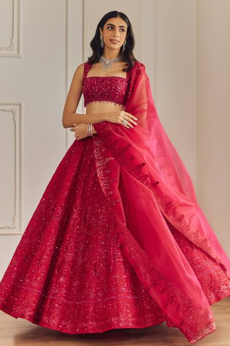 Buy_Studio Iris India_Pink Organza Sequins Mandarin Collar Gul Embroidered Bridal Lehenga Set _Online_at_Aza_Fashions