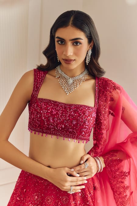 Shop_Studio Iris India_Pink Organza Sequins Mandarin Collar Gul Embroidered Bridal Lehenga Set _Online_at_Aza_Fashions