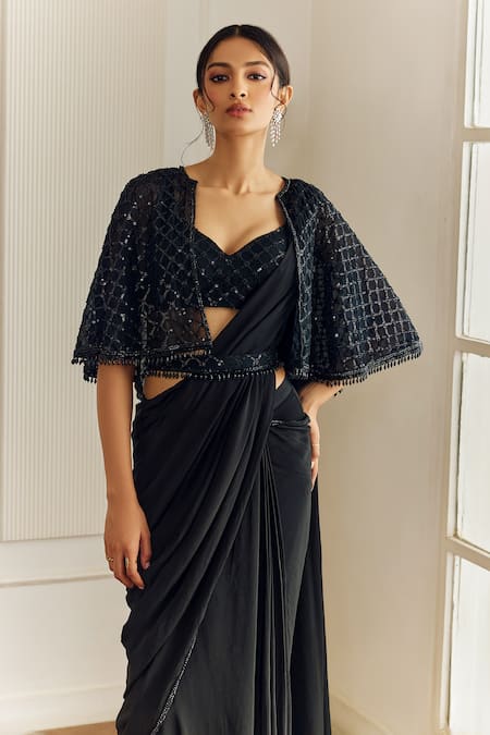 Studio Iris India_Black Crepe Sequins Open Neck Embroidered Cape Jacket And Pre-draped Saree _Online_at_Aza_Fashions