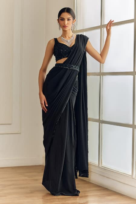 Buy_Studio Iris India_Black Crepe Sequins Open Neck Embroidered Cape Jacket And Pre-draped Saree _Online_at_Aza_Fashions