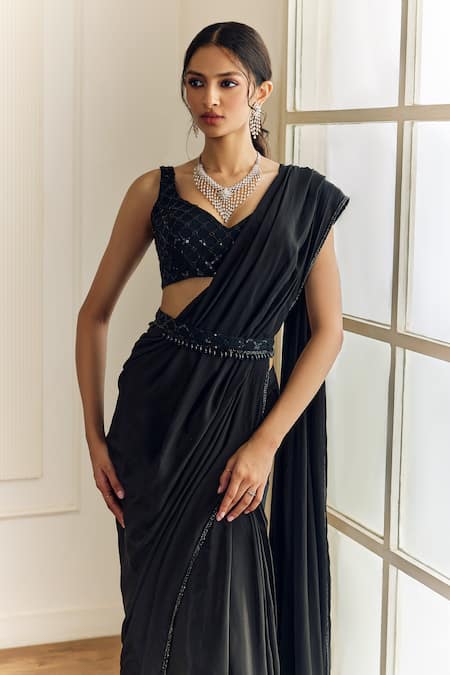 Shop_Studio Iris India_Black Crepe Sequins Open Neck Embroidered Cape Jacket And Pre-draped Saree _Online_at_Aza_Fashions