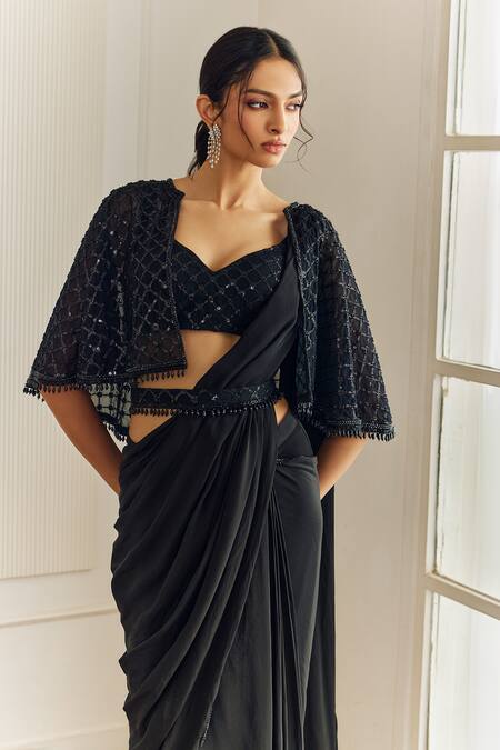 Buy_Studio Iris India_Black Crepe Sequins Open Neck Embroidered Cape Jacket And Pre-draped Saree 