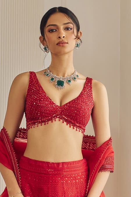 Studio Iris India Red Organza Sequins, Embroidery V-neck Chikankari And Lehenga Set Online at Aza Fashions Studio Iris India_Red Organza Sequins, Embroidery V-neck Chikankari And Lehenga Set _Online_at_Aza_Fashions
