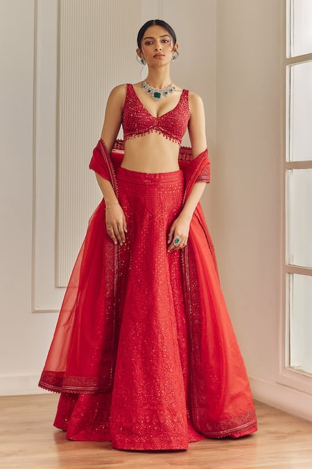 Buy Studio Iris India Red Organza Sequins, Embroidery V-neck Chikankari And Lehenga Set Online at Aza Fashions Buy_Studio Iris India_Red Organza Sequins, Embroidery V-neck Chikankari And Lehenga Set _Online_at_Aza_Fashions