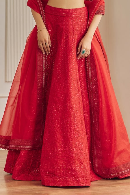 Shop Studio Iris India Red Organza Sequins, Embroidery V-neck Chikankari And Lehenga Set Online at Aza Fashions Shop_Studio Iris India_Red Organza Sequins, Embroidery V-neck Chikankari And Lehenga Set _Online_at_Aza_Fashions